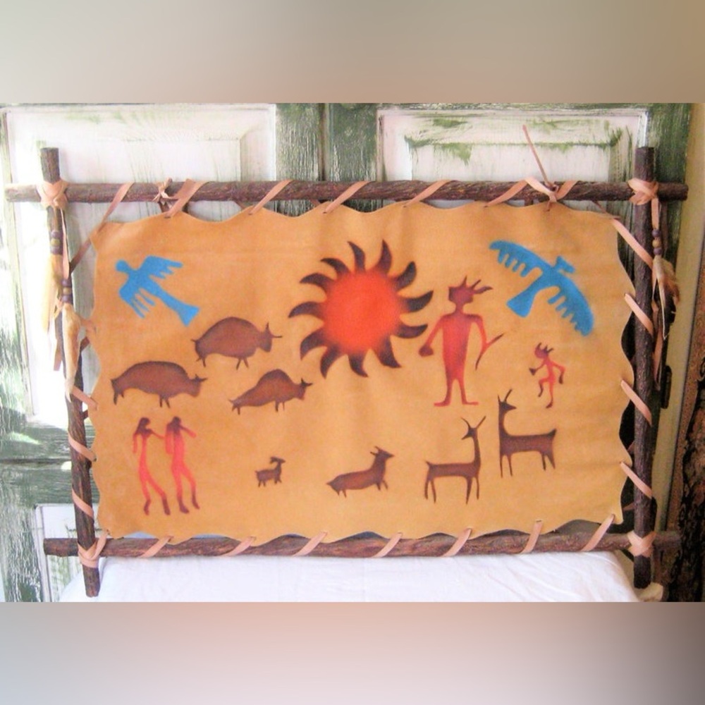 Vintage southwest leather wall hanging decor painted Native American tribal.